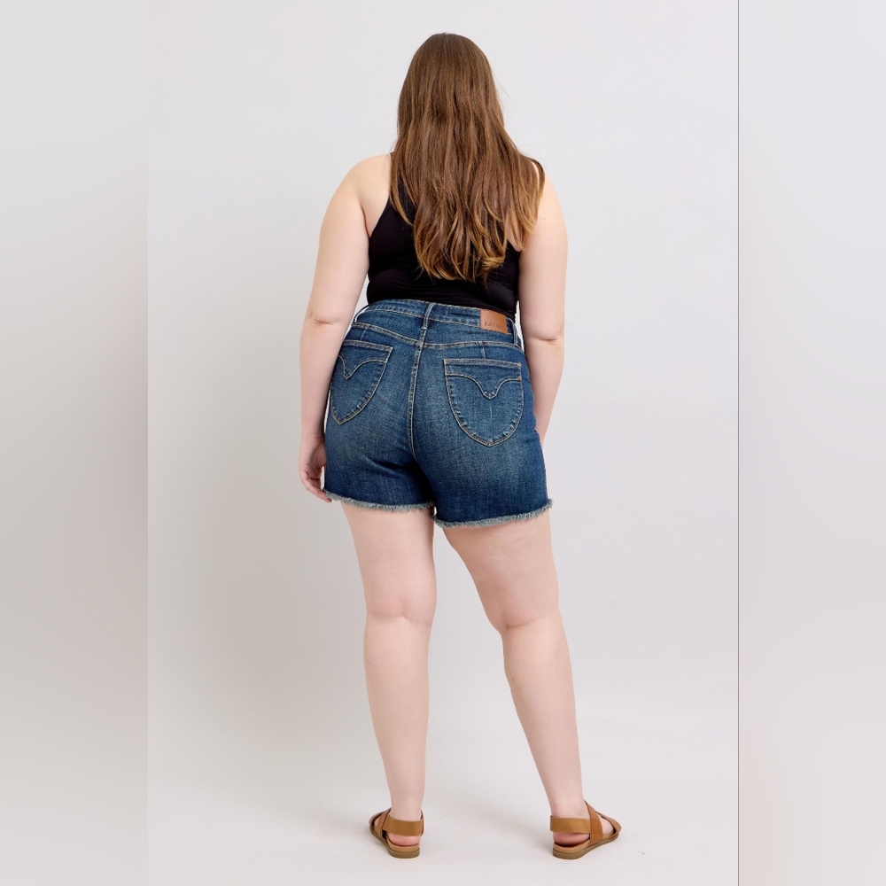 Judy Blue High Rise Tummy Control Shield Pocket Frayed Hem Shorts Various NEW - Picture 12 of 16